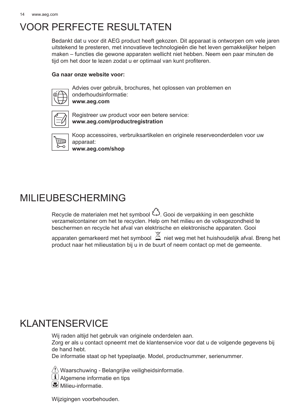 Voor perfecte resultaten, Milieubescherming, Klantenservice | AEG DL6250-ML User Manual | Page 14 / 128