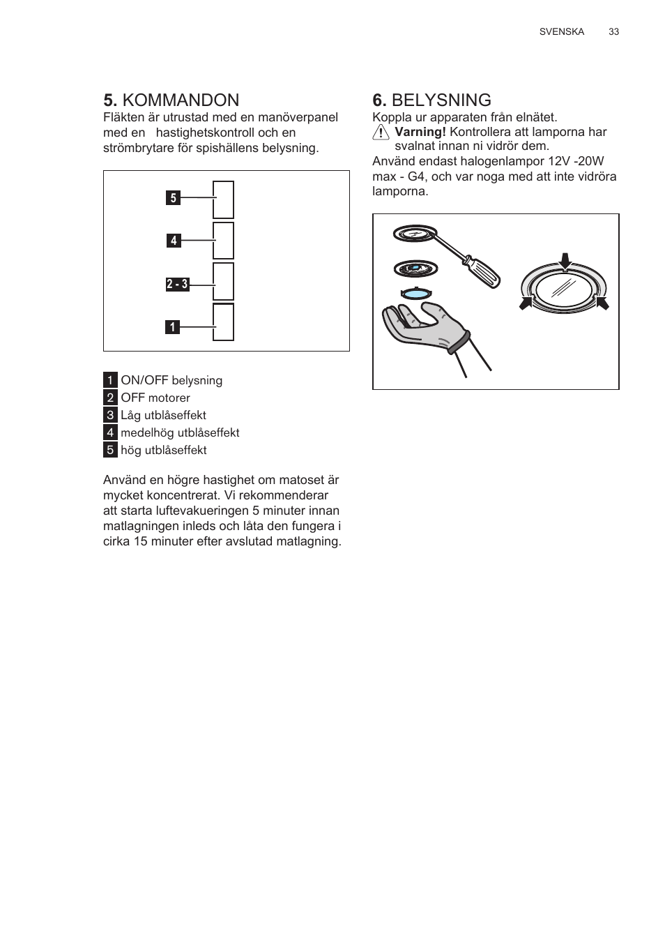 Kommandon, Belysning | AEG DL6250-ML User Manual | Page 33 / 128