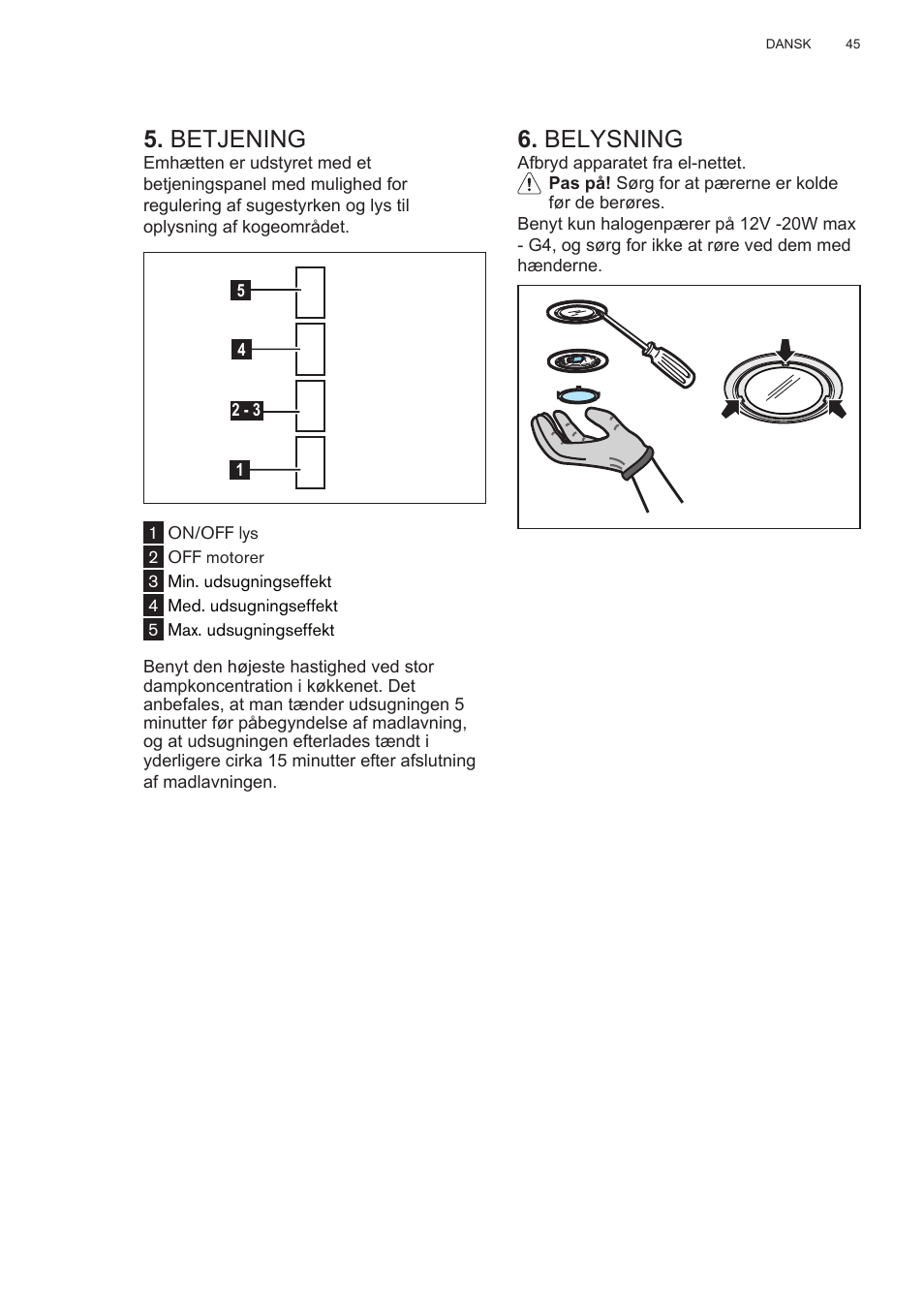 Betjening, Belysning | AEG DL6250-ML User Manual | Page 45 / 128