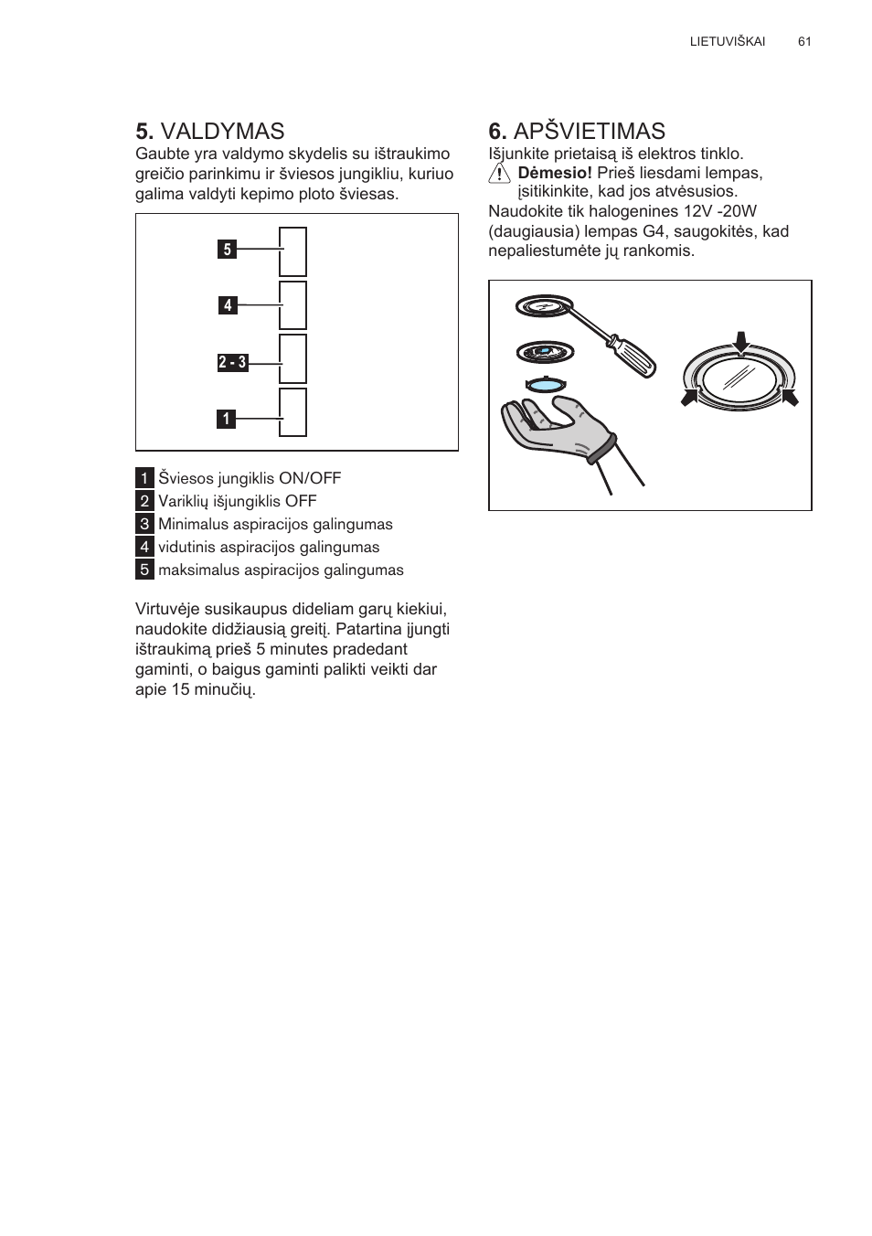 Valdymas, Apšvietimas | AEG DL6250-ML User Manual | Page 61 / 128