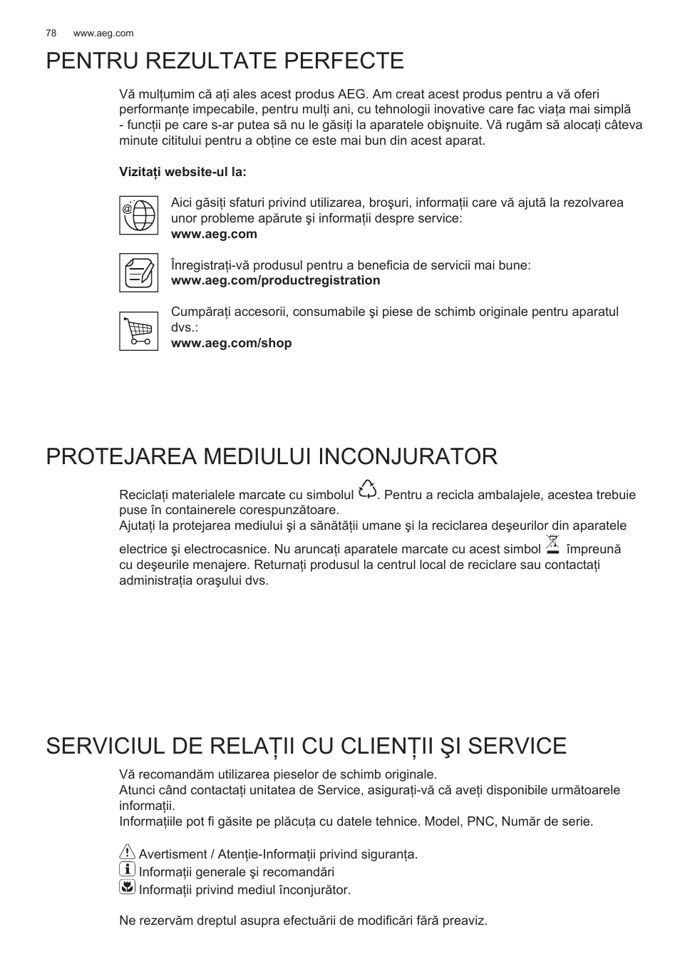 Pentru rezultate perfecte, Protejarea mediului inconjurator, Serviciul de relaţii cu clienţii şi service | AEG DL6250-ML User Manual | Page 78 / 128