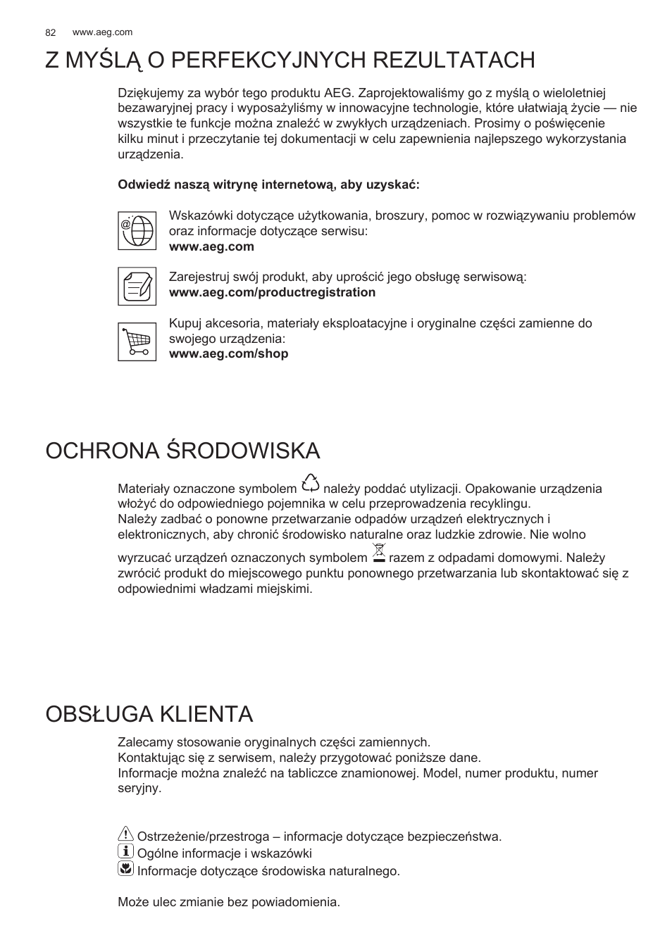 Z myślą o perfekcyjnych rezultatach, Ochrona środowiska, Obsługa klienta | AEG DL6250-ML User Manual | Page 82 / 128