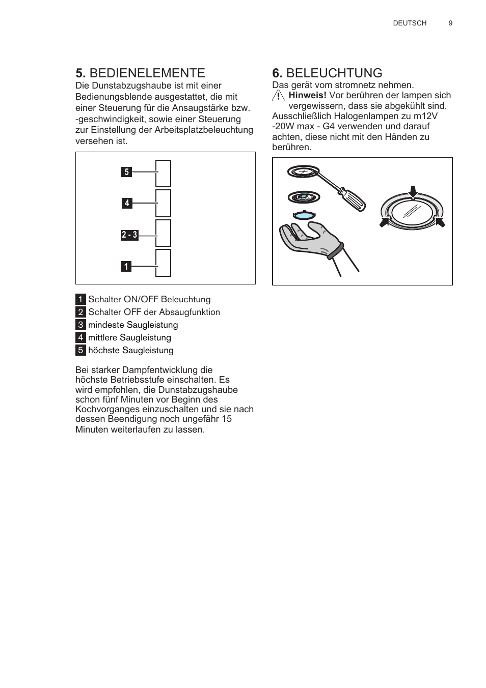 Bedienelemente, Beleuchtung | AEG DL6250-ML User Manual | Page 9 / 128