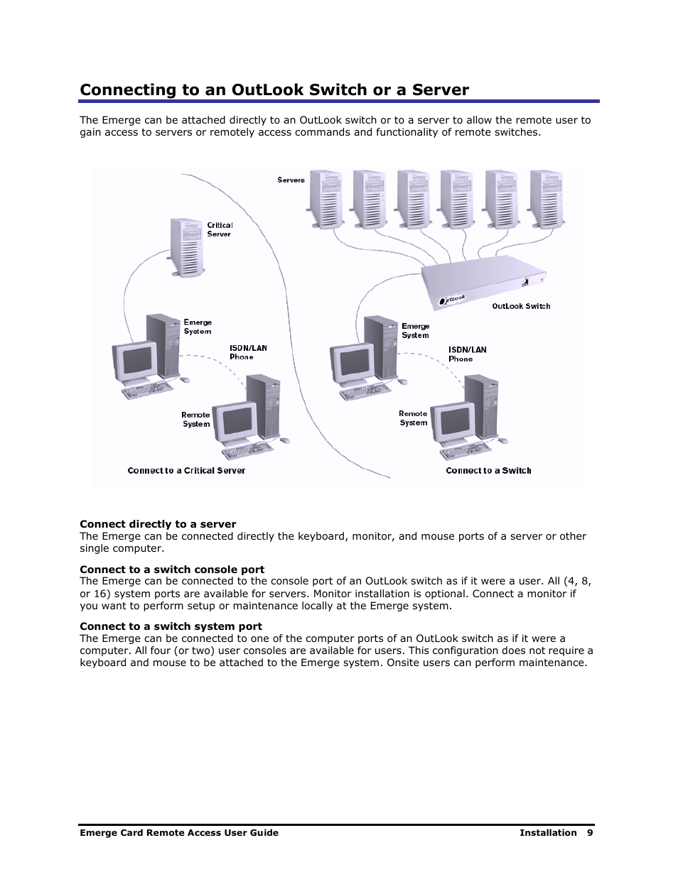 Connecting to an outlook switch or a server | Apex Digital Apex EmergeCard Remote Access User Manual | Page 13 / 52