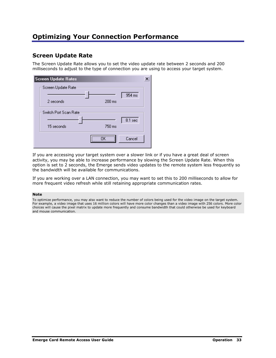 Optimizing your connection performance, Screen update rate | Apex Digital Apex EmergeCard Remote Access User Manual | Page 37 / 52