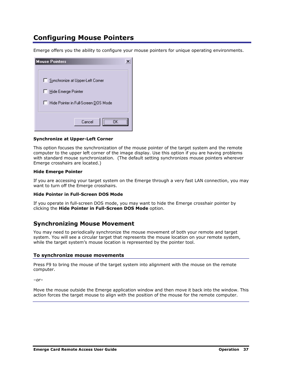 Configuring mouse pointers, Synchronizing mouse movement | Apex Digital Apex EmergeCard Remote Access User Manual | Page 41 / 52