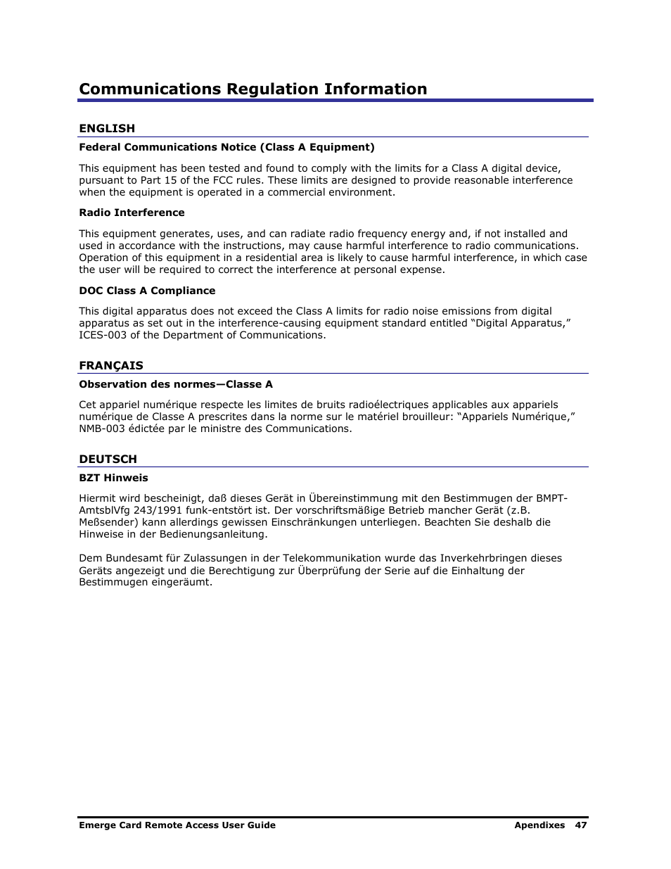 Communications regulation information | Apex Digital Apex EmergeCard Remote Access User Manual | Page 51 / 52