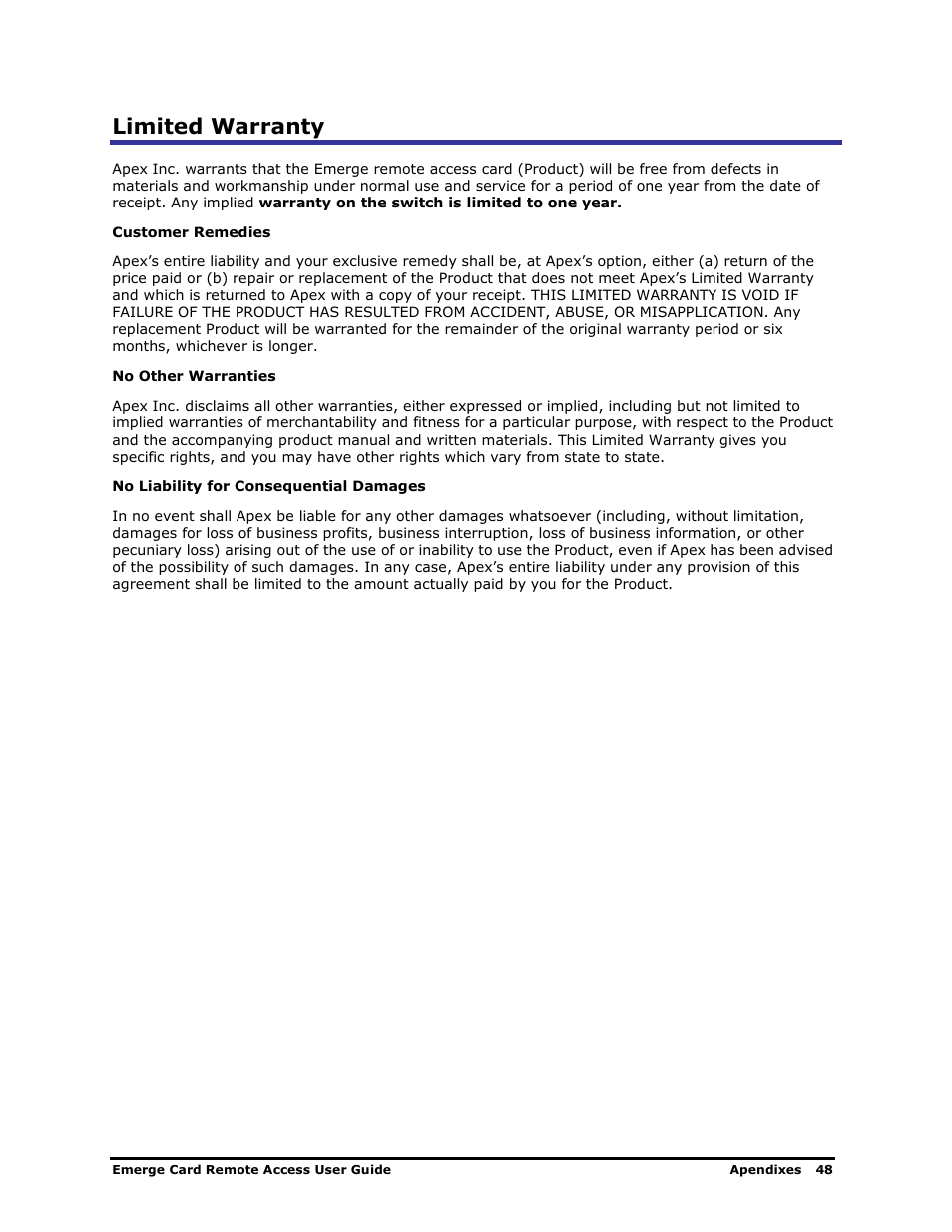 Limited warranty | Apex Digital Apex EmergeCard Remote Access User Manual | Page 52 / 52