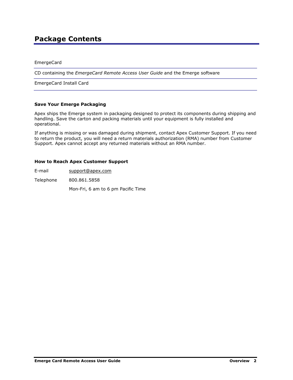 Package contents | Apex Digital Apex EmergeCard Remote Access User Manual | Page 6 / 52