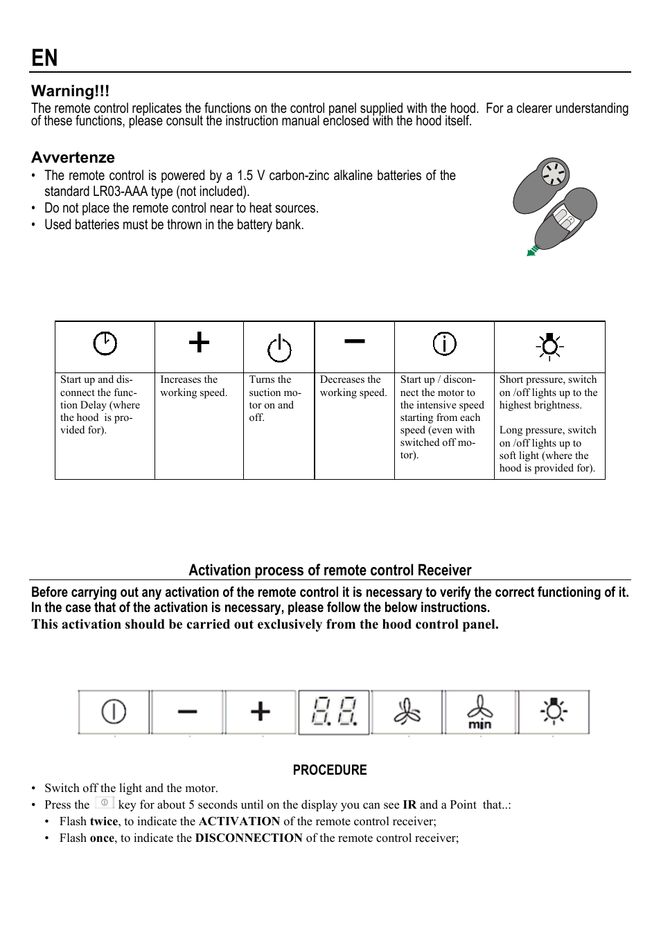 Warning, Avvertenze, Activation process of remote control receiver | AEG X59143MD0 User Manual | Page 3 / 12