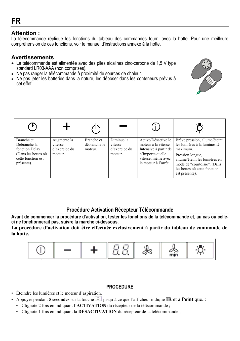 Attention, Avertissements, Procédure activation récepteur télécommande | AEG X59143MD0 User Manual | Page 4 / 12