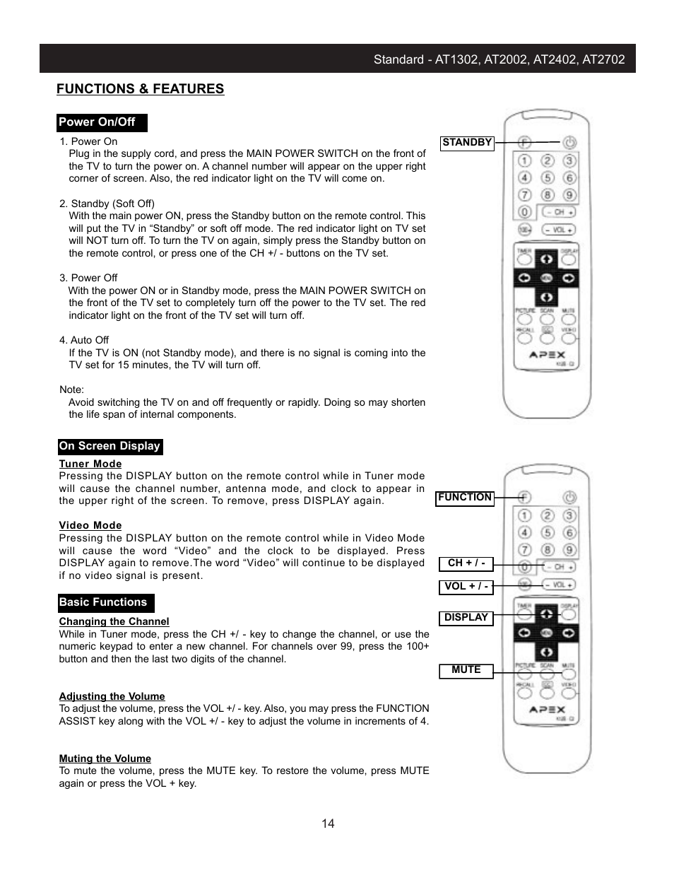 Functions & features | Apex Digital AT2702 User Manual | Page 16 / 23