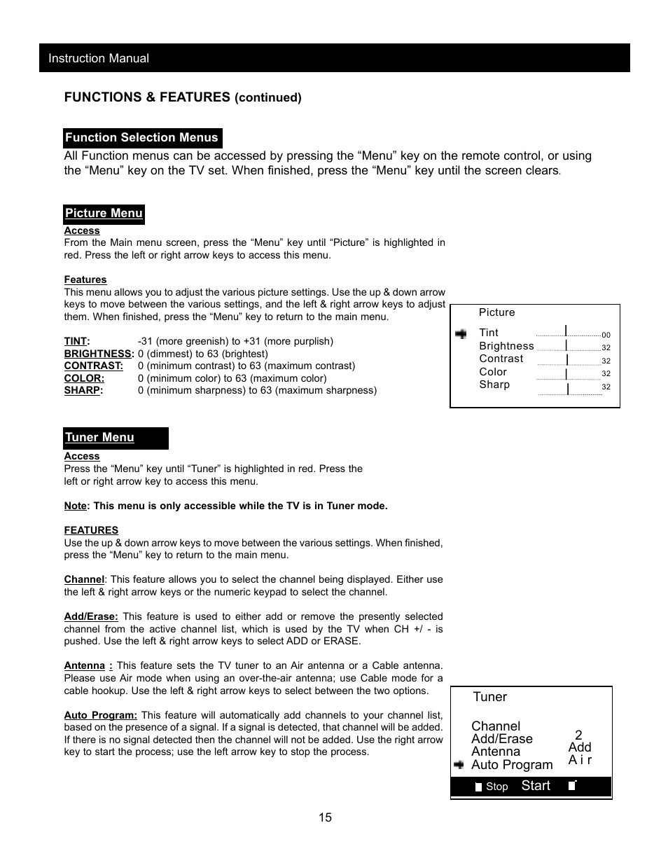 Functions & features, Start | Apex Digital AT2702 User Manual | Page 17 / 23