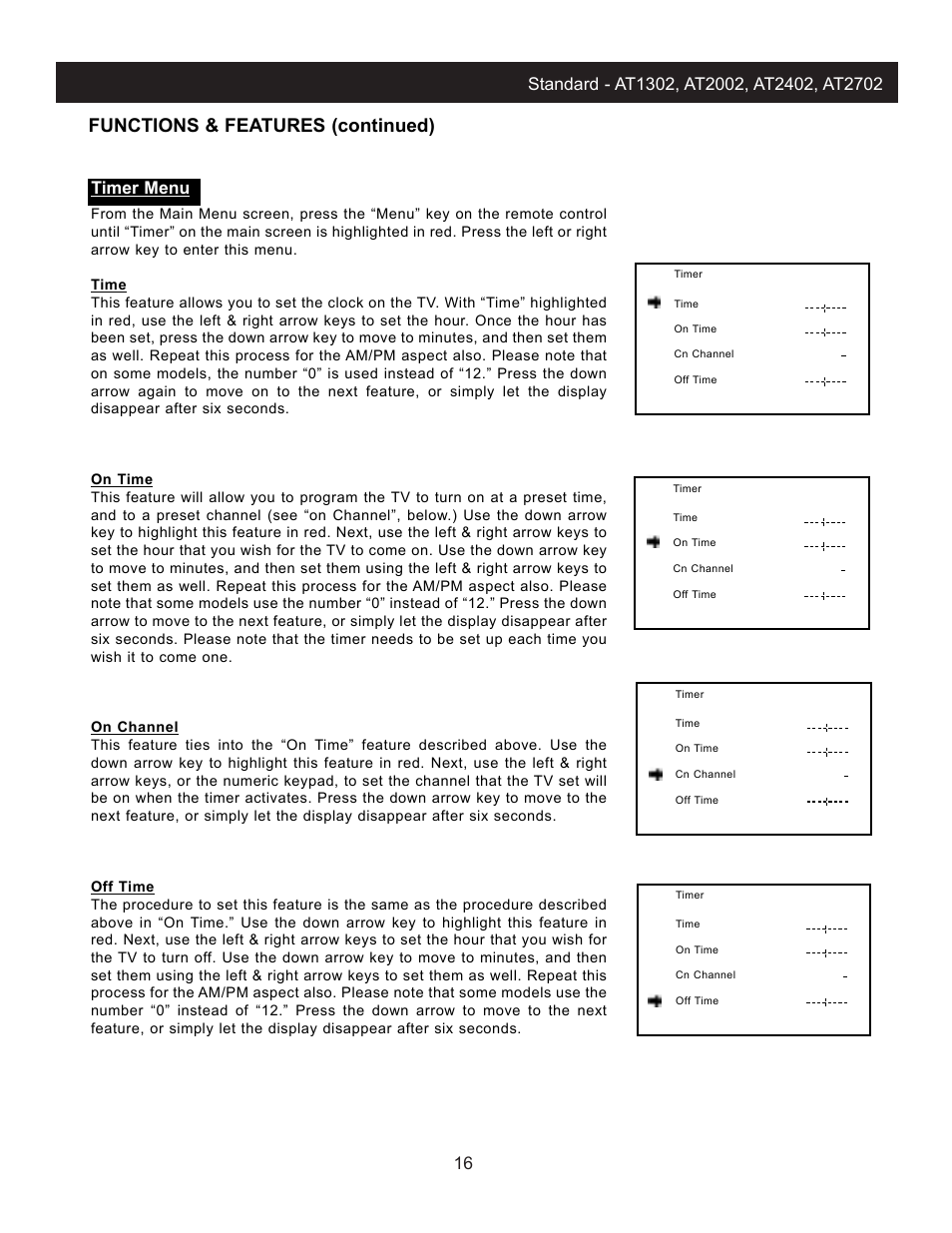 Functions & features (continued), Timer menu | Apex Digital AT2702 User Manual | Page 18 / 23