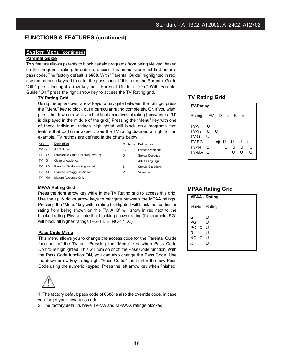 Functions & features (continued), System menu, Tv rating grid mpaa rating grid | Apex Digital AT2702 User Manual | Page 20 / 23