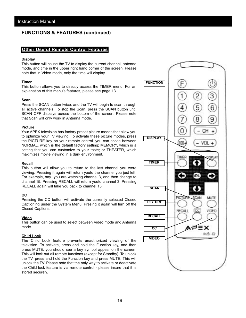 Functions & features (continued) | Apex Digital AT2702 User Manual | Page 21 / 23
