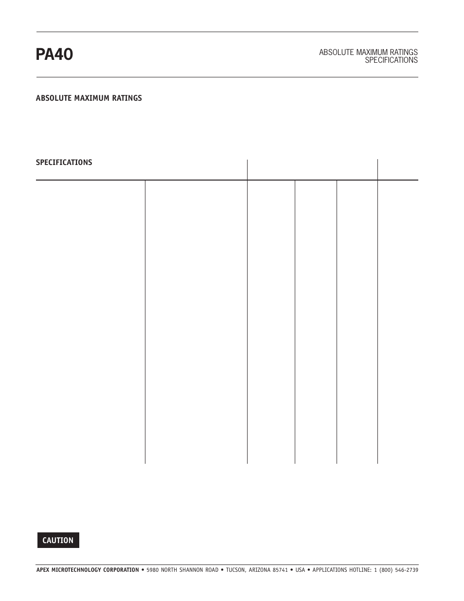 Pa40, Absolute maximum ratings, Caution | Specifications, Absolute maximum ratings specifications | Apex Digital PA40 User Manual | Page 2 / 4