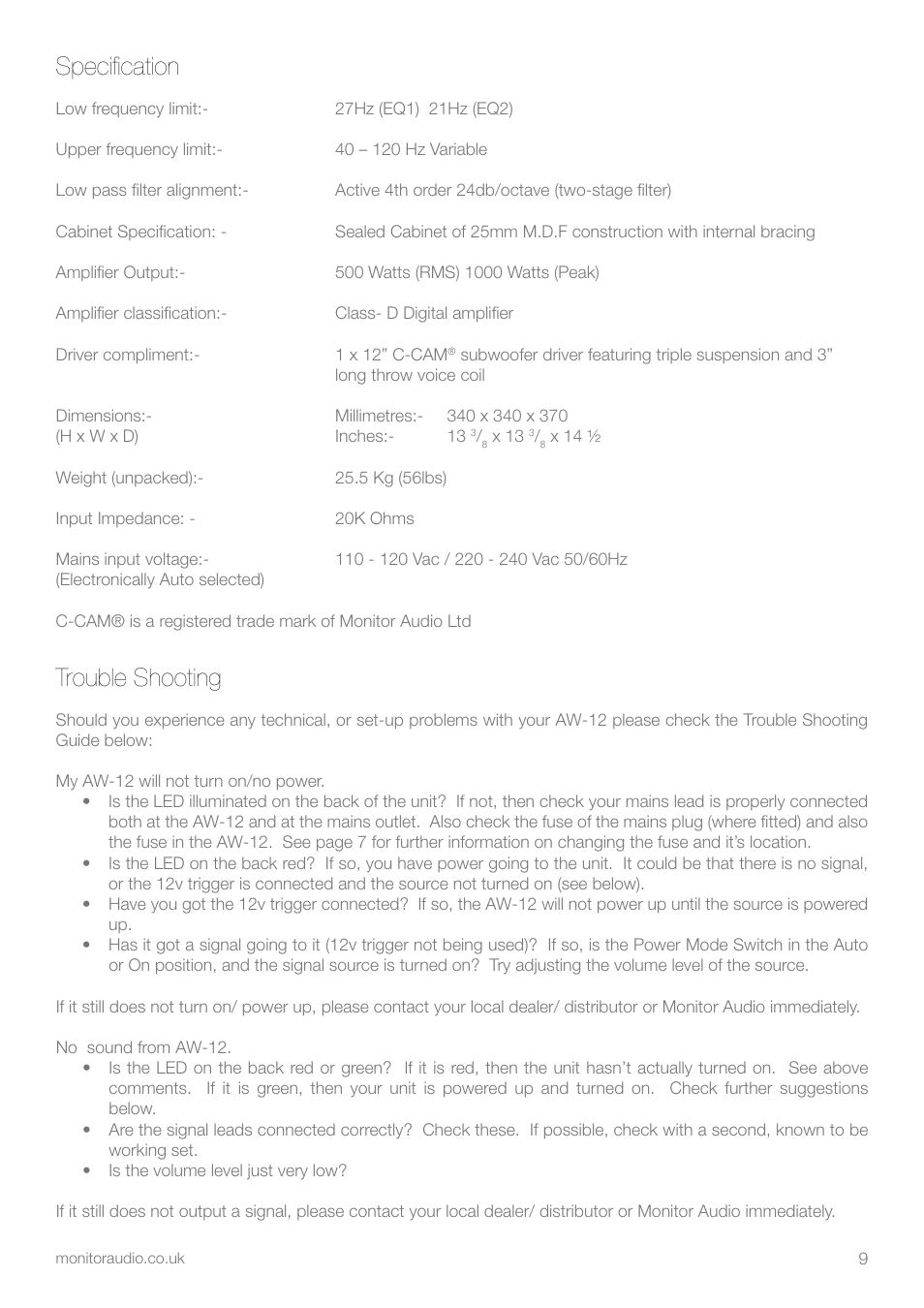 Specification, Trouble shooting | Apex Digital AW-12 User Manual | Page 11 / 16