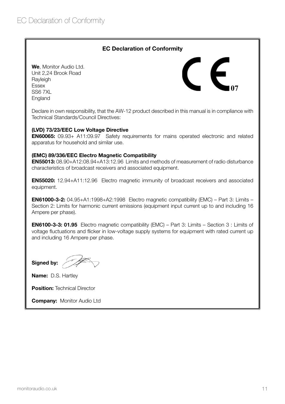 Ec declaration of conformity | Apex Digital AW-12 User Manual | Page 13 / 16