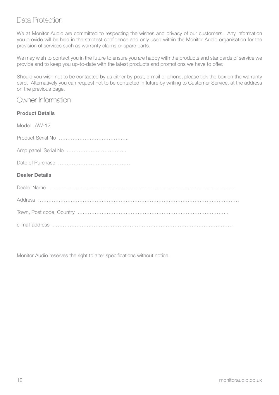 Data protection, Owner information | Apex Digital AW-12 User Manual | Page 14 / 16