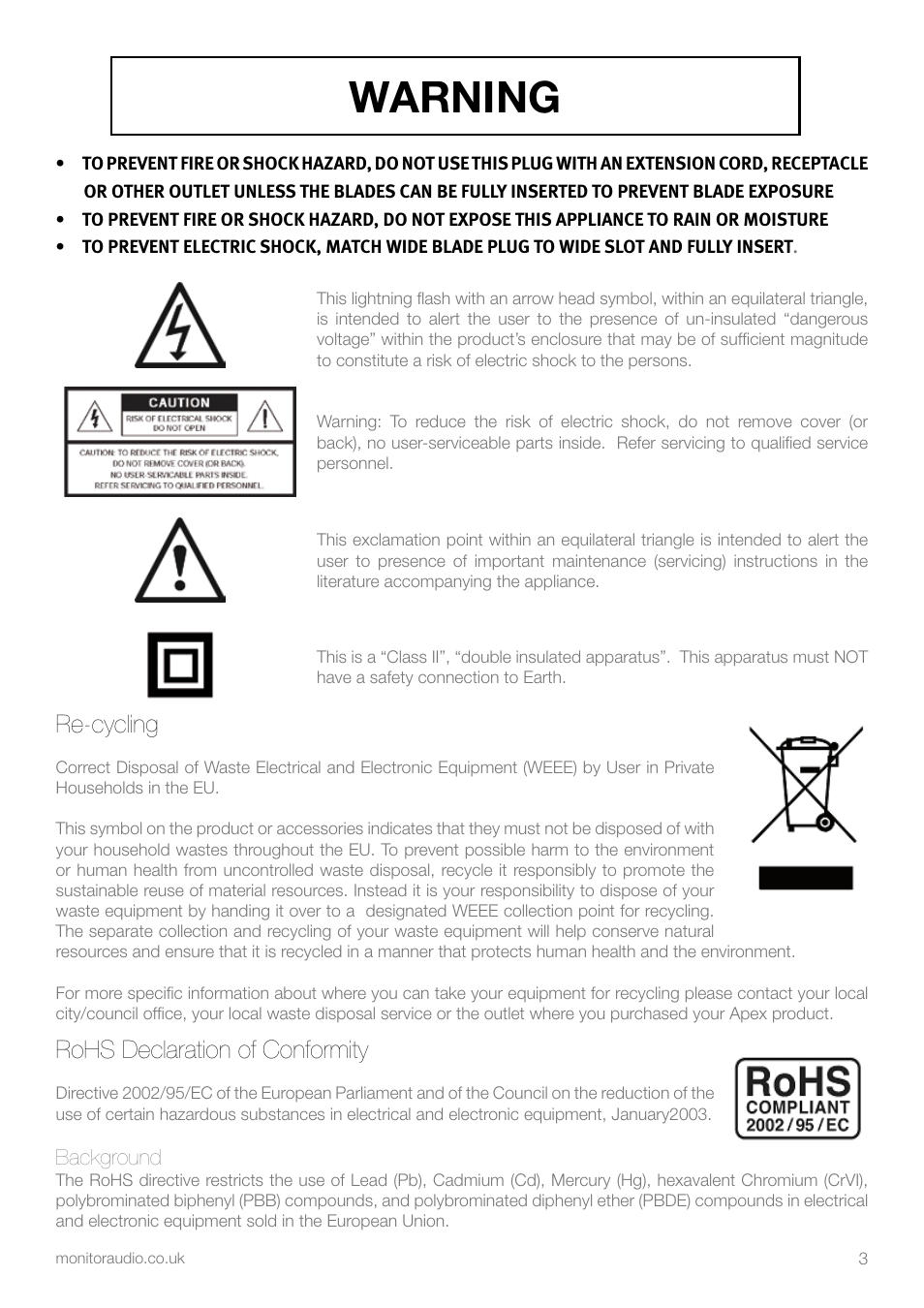 Warning, Re-cycling, Rohs declaration of conformity | Apex Digital AW-12 User Manual | Page 5 / 16