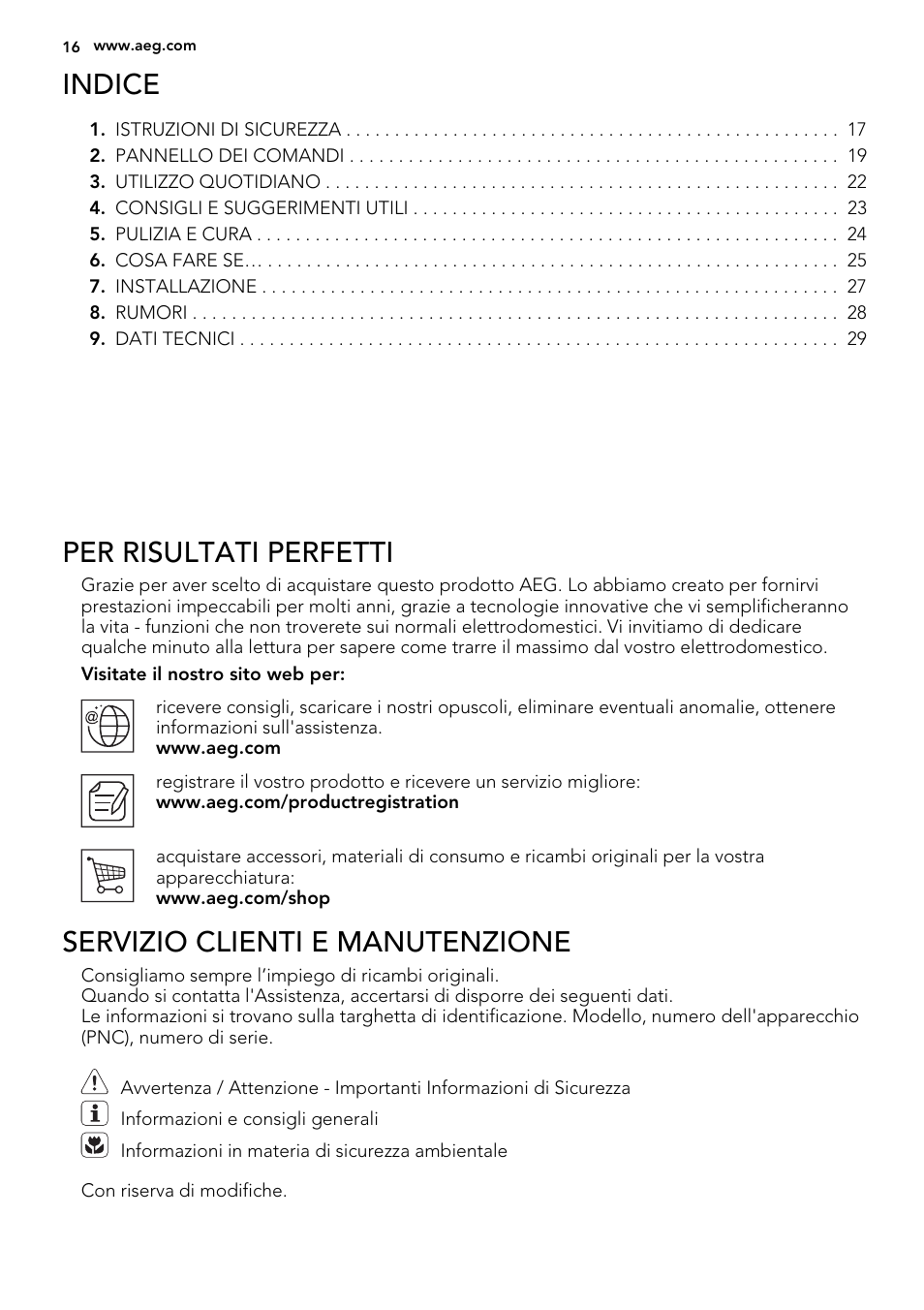 Indice, Per risultati perfetti, Servizio clienti e manutenzione | AEG AGS58200F0 User Manual | Page 16 / 48