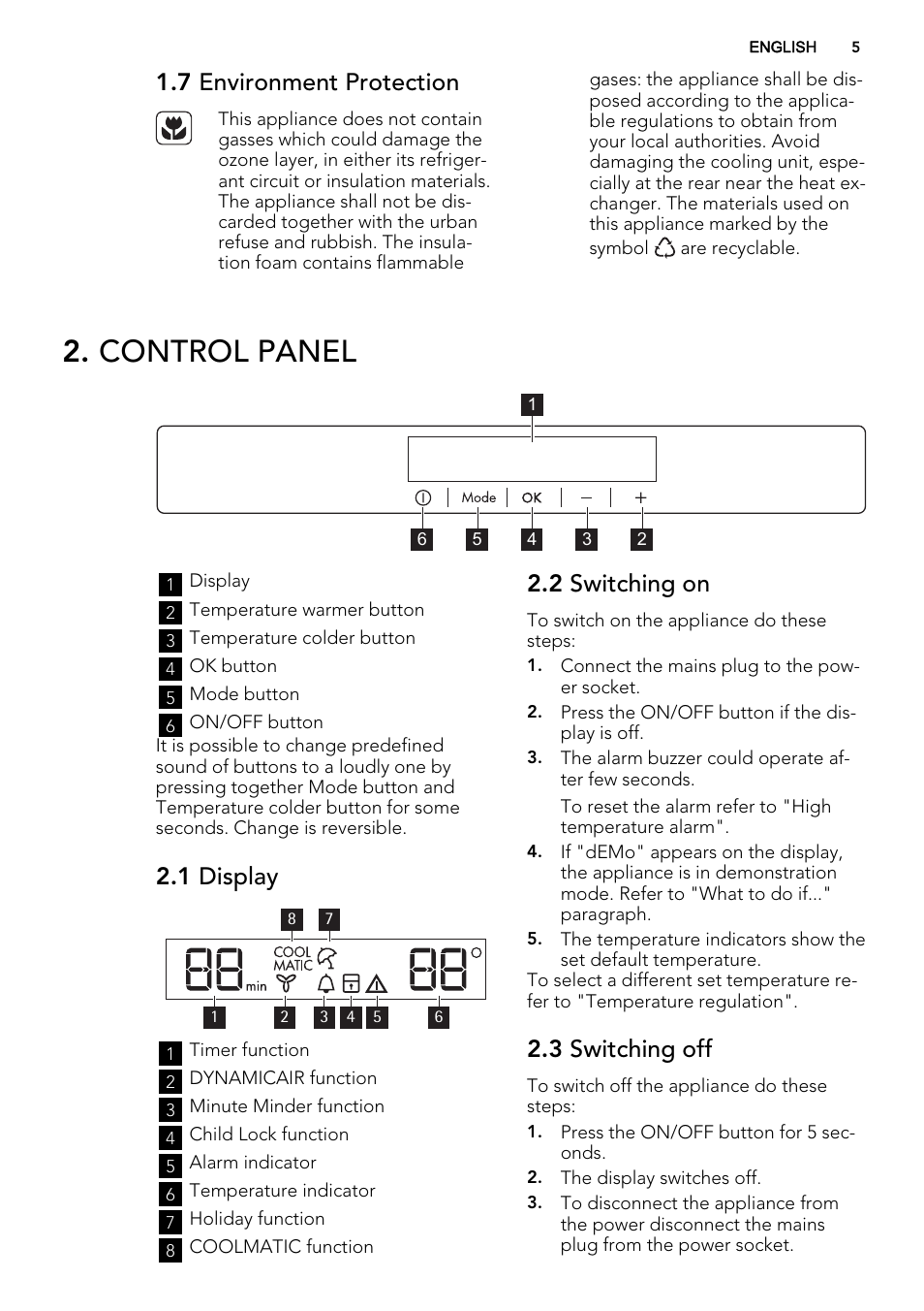 Control panel, 7 environment protection, 1 display | 2 switching on, 3 switching off | AEG AGS58200F0 User Manual | Page 5 / 48