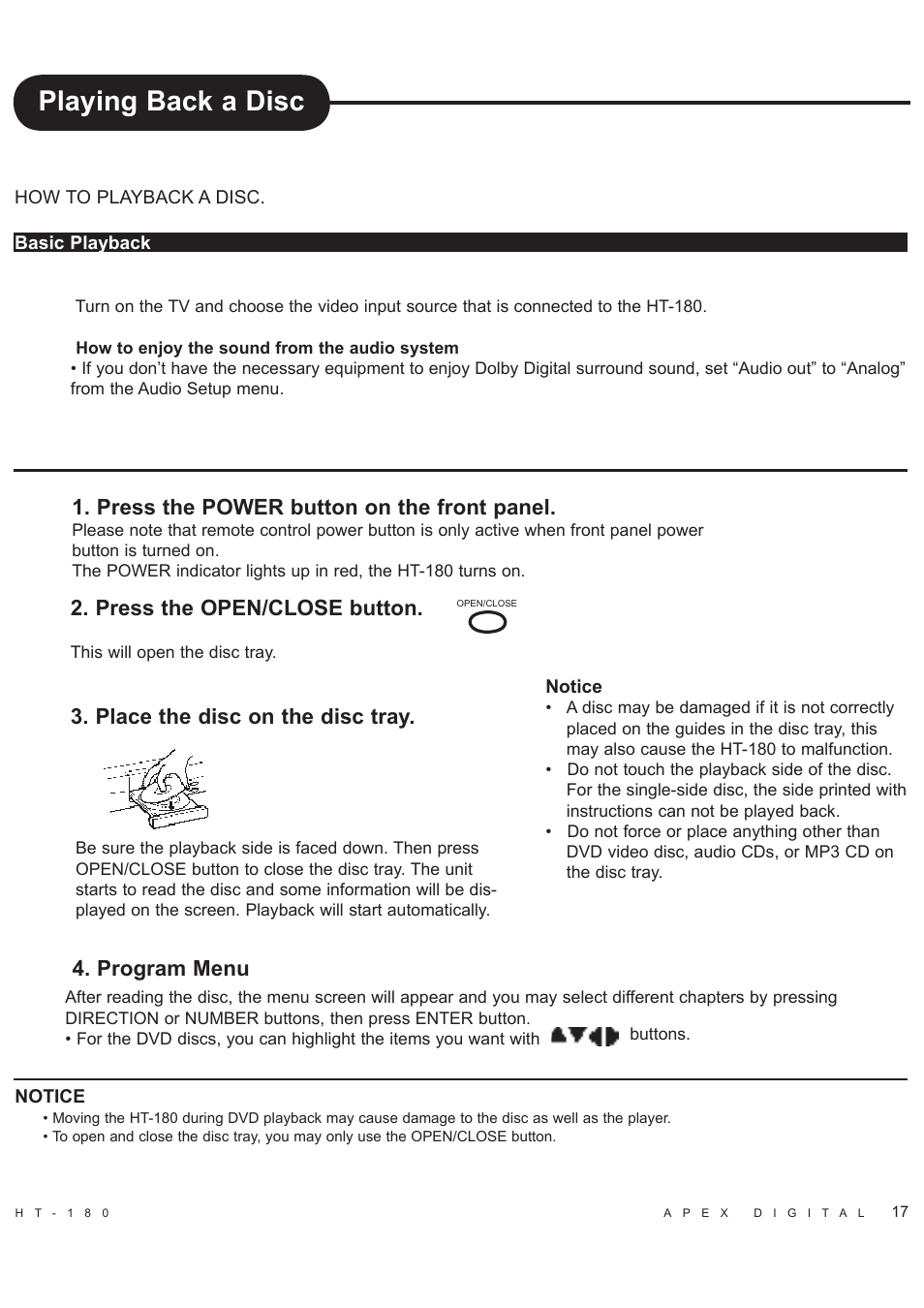 Playing back a disc, Press the power button on the front panel, Press the open/close button | Place the disc on the disc tray. 4. program menu | Apex Digital HT-180 User Manual | Page 18 / 44