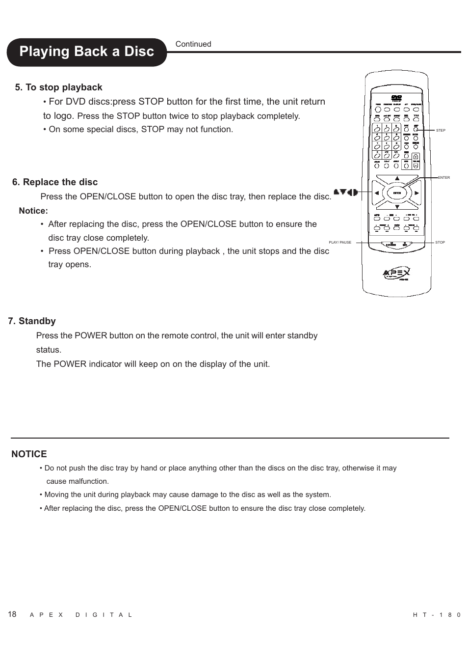 Playing back a disc, Replace the disc, Standby | Notice | Apex Digital HT-180 User Manual | Page 19 / 44