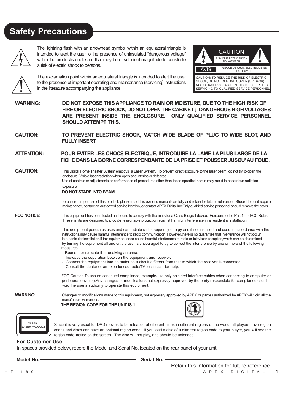 Safety precautions, Caution | Apex Digital HT-180 User Manual | Page 2 / 44