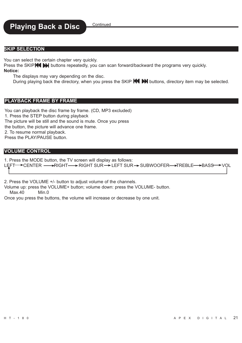 Playing back a disc | Apex Digital HT-180 User Manual | Page 22 / 44