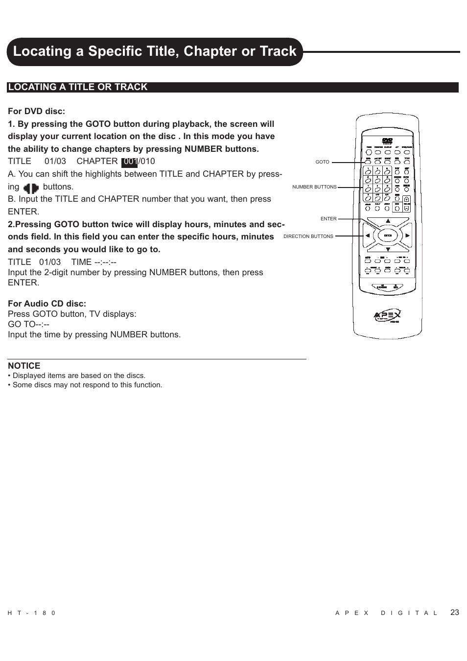 Locating a specific title, chapter or track, Locating a title or track | Apex Digital HT-180 User Manual | Page 24 / 44