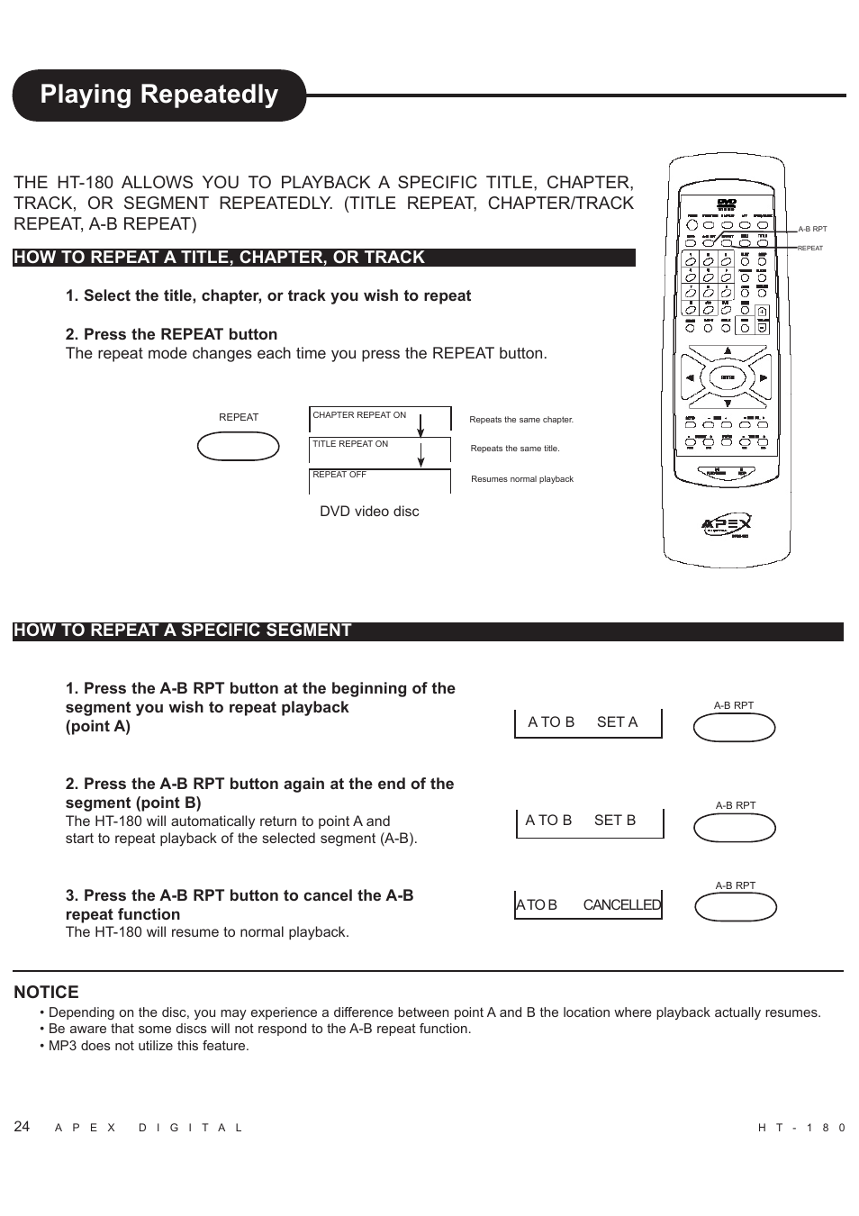 Playing repeatedly, How to repeat a specific segment, Notice | Apex Digital HT-180 User Manual | Page 25 / 44