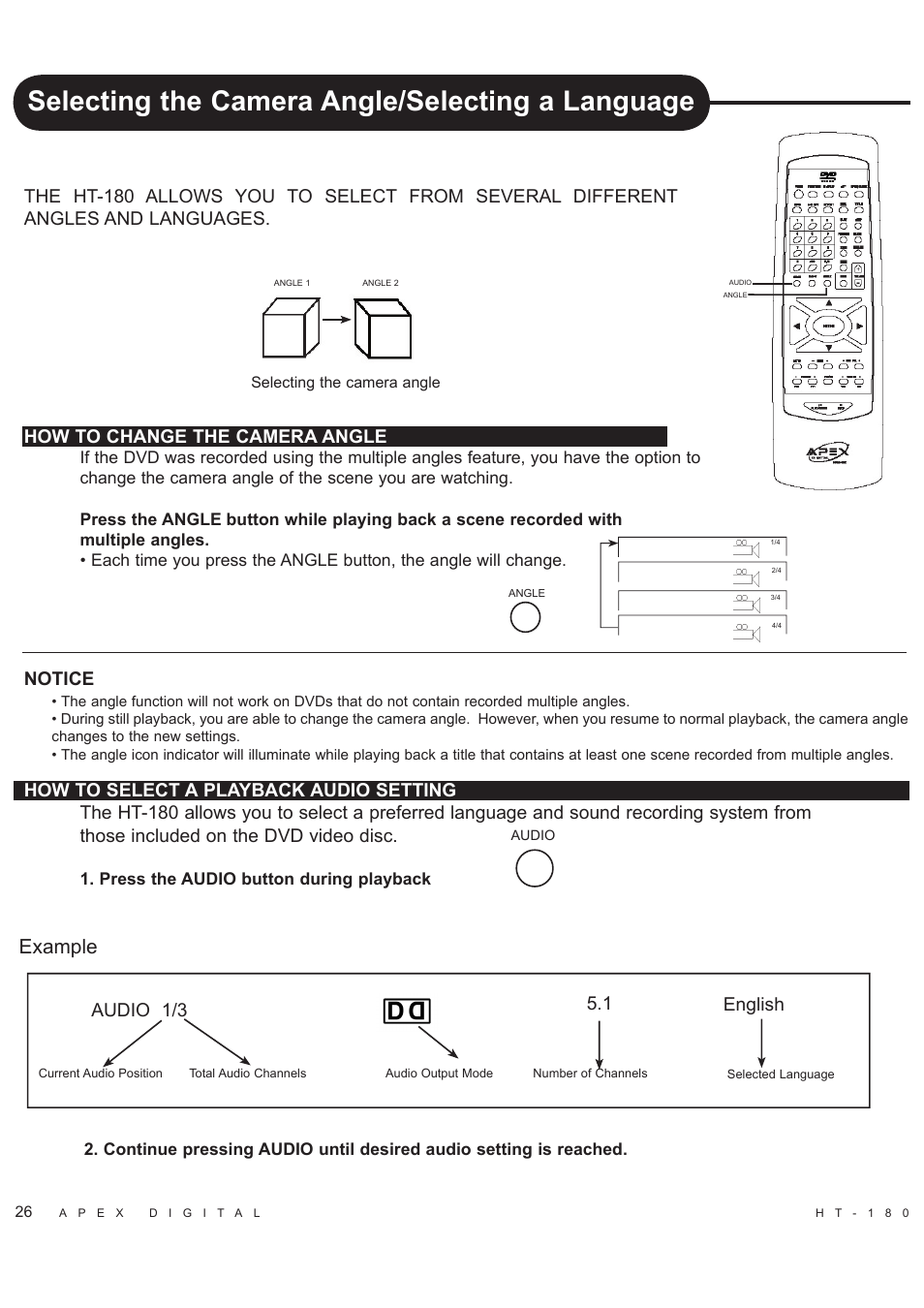 Selecting the camera angle/selecting a language, Example, Notice | Audio 1/3 5.1, English | Apex Digital HT-180 User Manual | Page 27 / 44