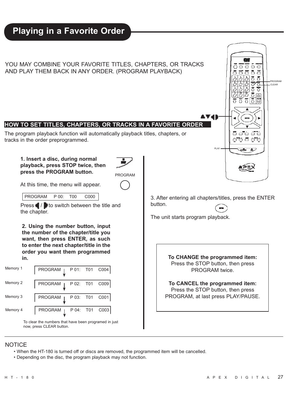 Playing in a favorite order, Notice | Apex Digital HT-180 User Manual | Page 28 / 44