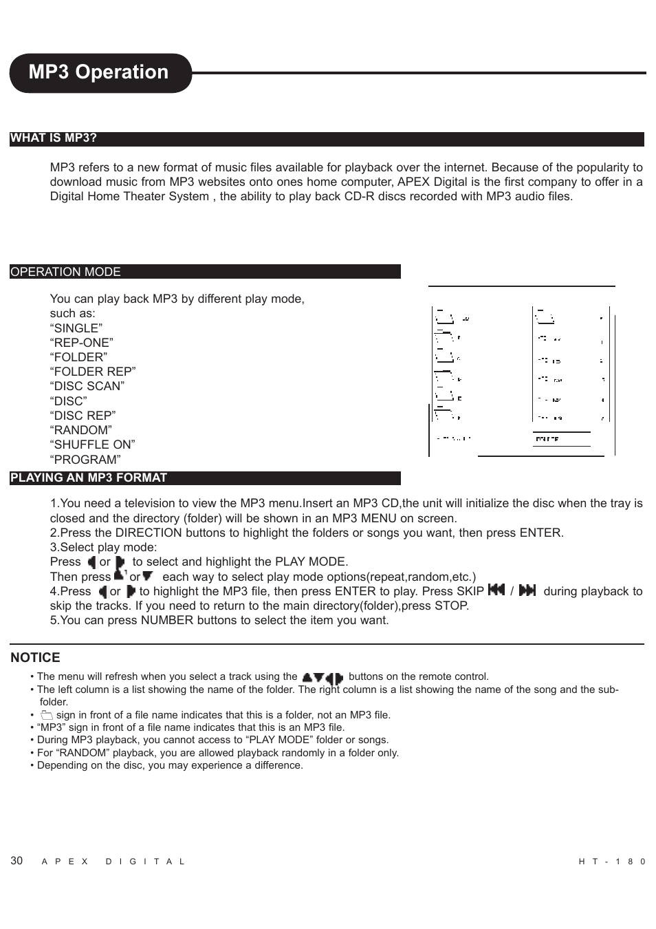 Mp3 operation | Apex Digital HT-180 User Manual | Page 31 / 44