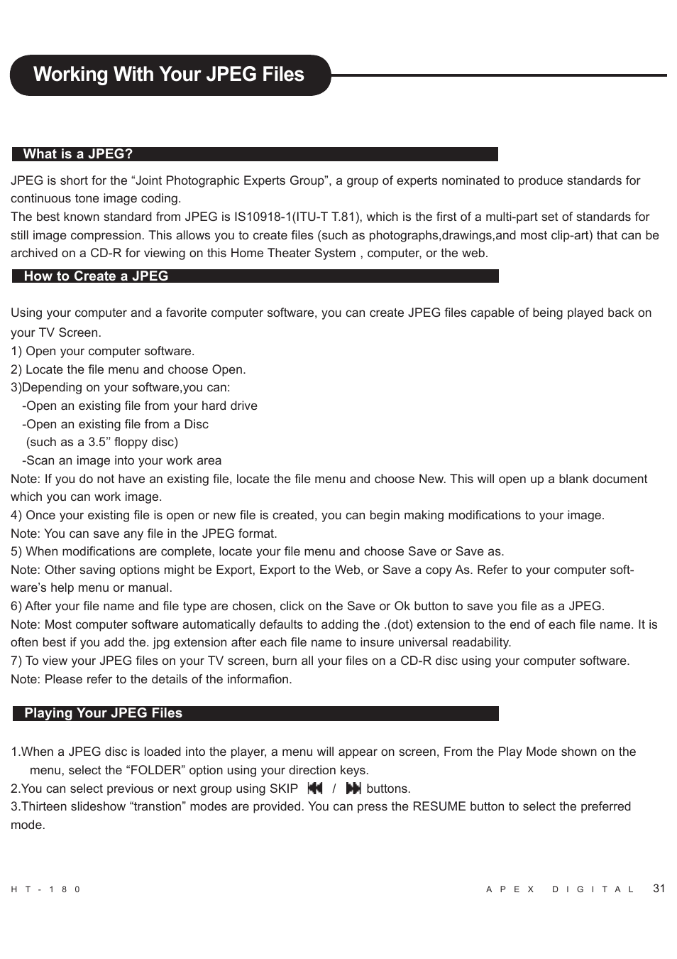 Working with your jpeg files | Apex Digital HT-180 User Manual | Page 32 / 44