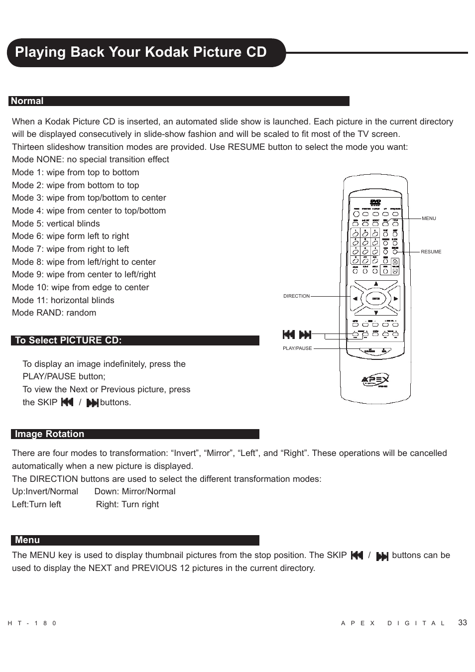 Playing back your kodak picture cd, Normal image rotation to select picture cd: menu | Apex Digital HT-180 User Manual | Page 34 / 44