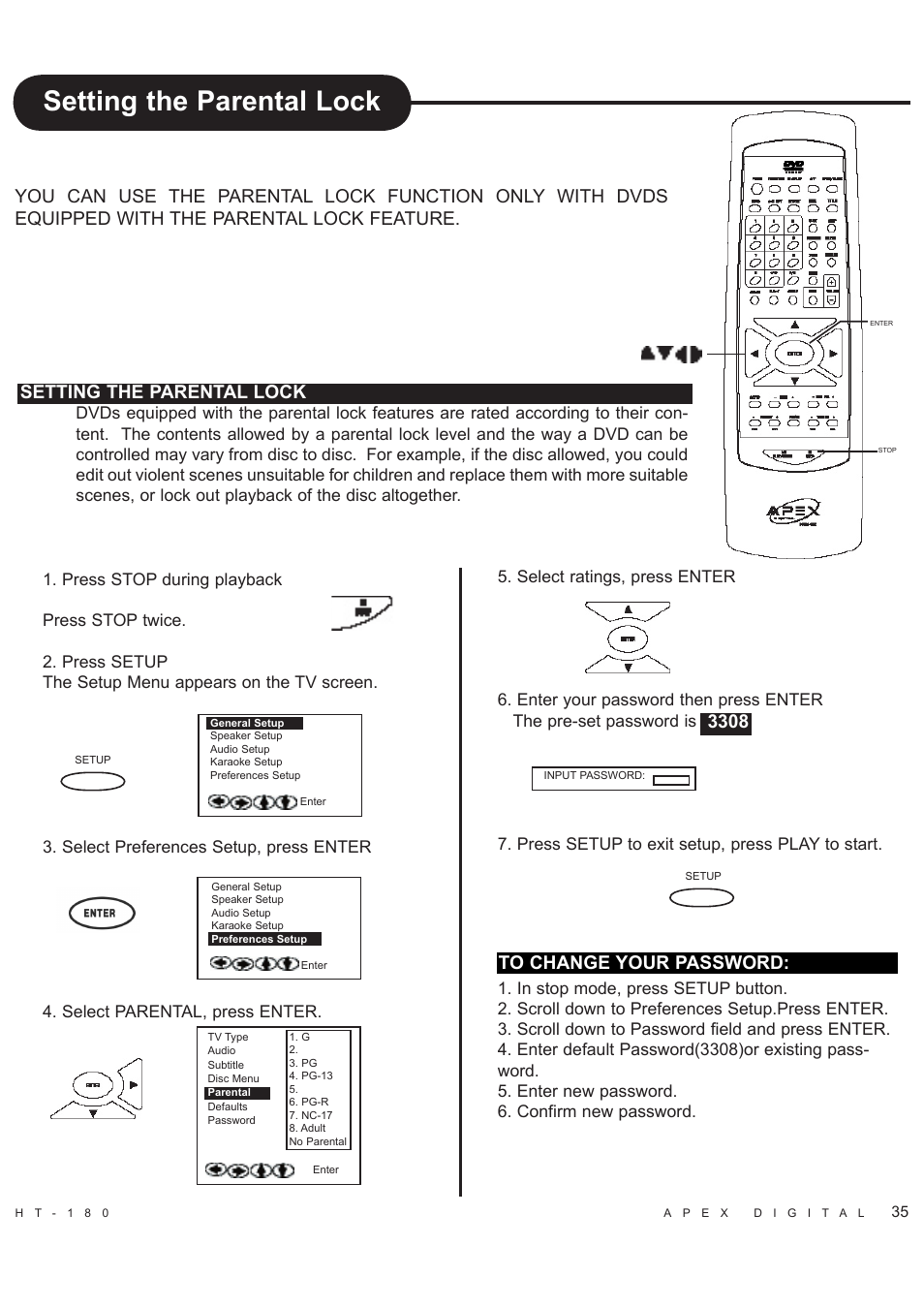 Setting the parental lock | Apex Digital HT-180 User Manual | Page 36 / 44