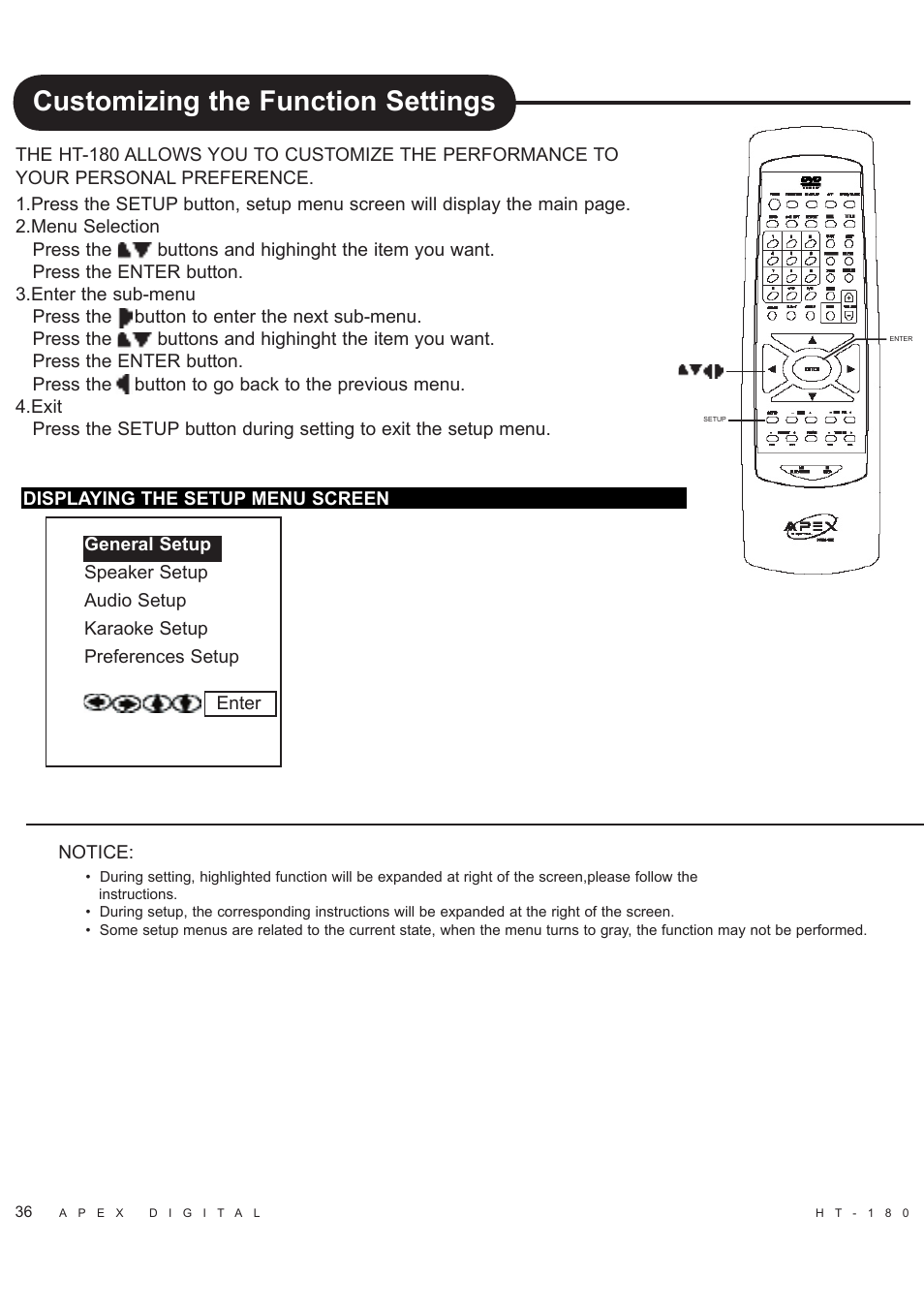 Customizing the function settings | Apex Digital HT-180 User Manual | Page 37 / 44