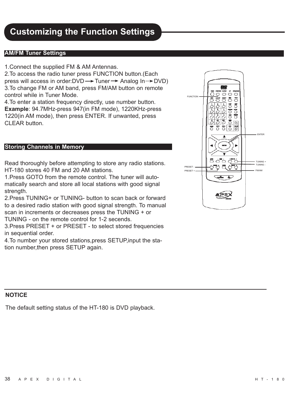 Customizing the function settings | Apex Digital HT-180 User Manual | Page 39 / 44