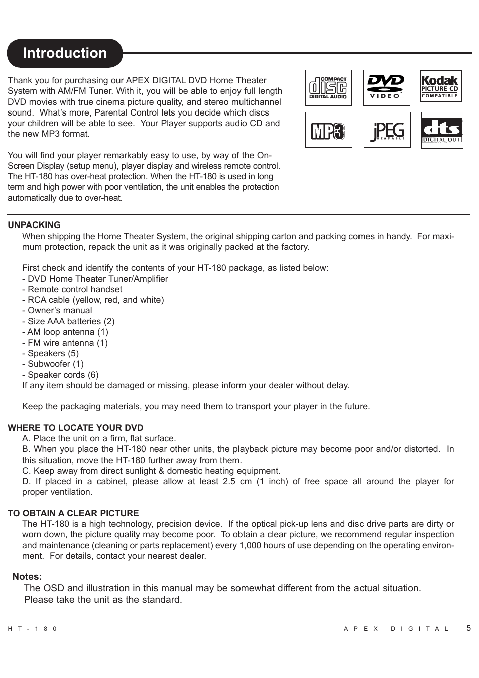 Introduction | Apex Digital HT-180 User Manual | Page 6 / 44