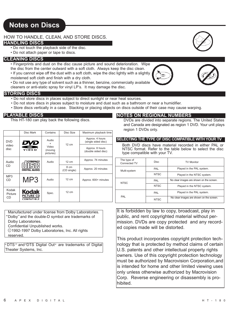 Cleaning discs, Storing discs, Playable discs | Apex Digital HT-180 User Manual | Page 7 / 44