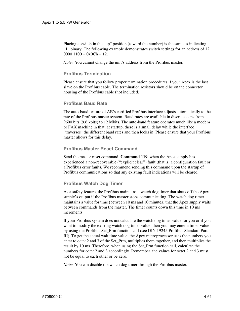 Profibus termination, Profibus baud rate, Profibus master reset command | Profibus watch dog timer | Apex Digital 5708009-C User Manual | Page 107 / 160