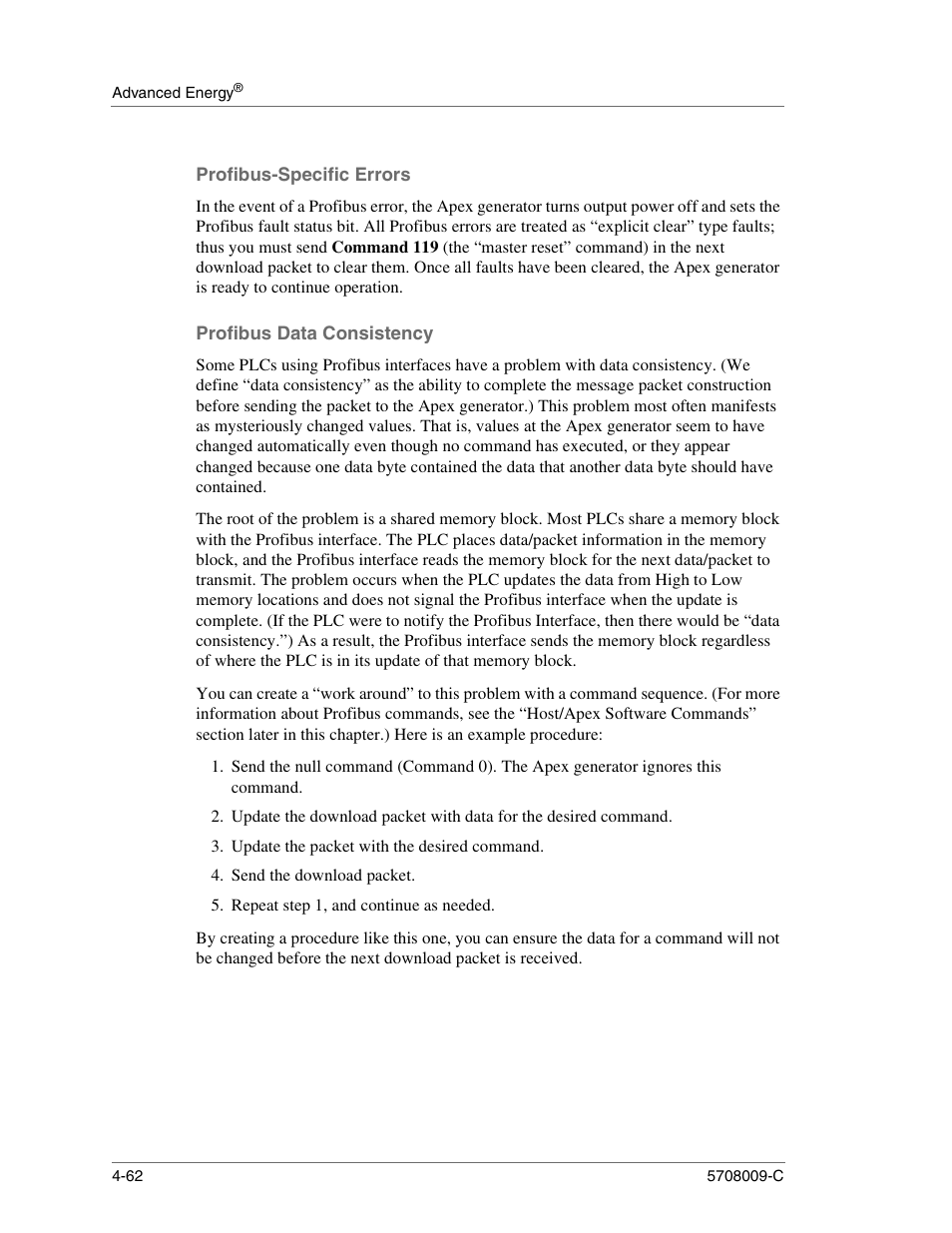 Profibus-specific errors, Profibus data consistency, Update the packet with the desired command | Send the download packet, Repeat step 1, and continue as needed | Apex Digital 5708009-C User Manual | Page 108 / 160