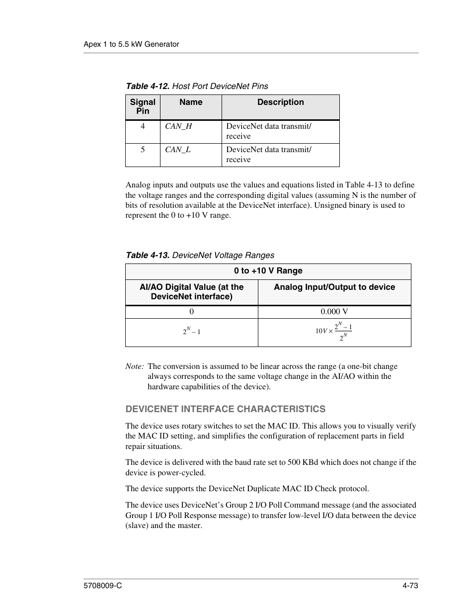 Can_h, Devicenet data transmit/ receive, Can_l | Table 4-13. devicenet voltage ranges, 000 v, Devicenet interface characteristics, Devicenet interface characteristics -73, Devicenet voltage ranges -73 | Apex Digital 5708009-C User Manual | Page 119 / 160