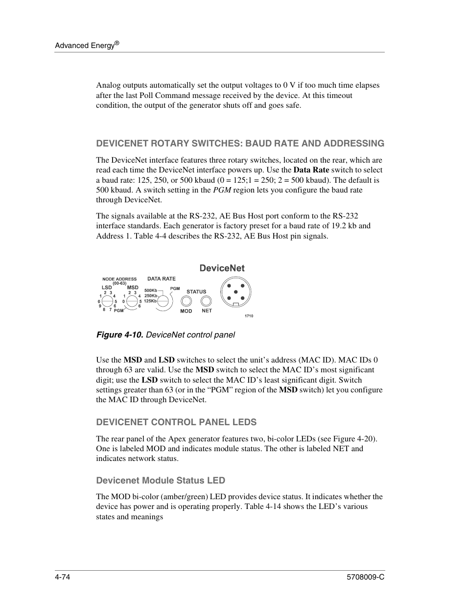 Figure 4-10. devicenet control panel, Devicenet control panel leds, Devicenet module status led | Devicenet control panel -74 | Apex Digital 5708009-C User Manual | Page 120 / 160