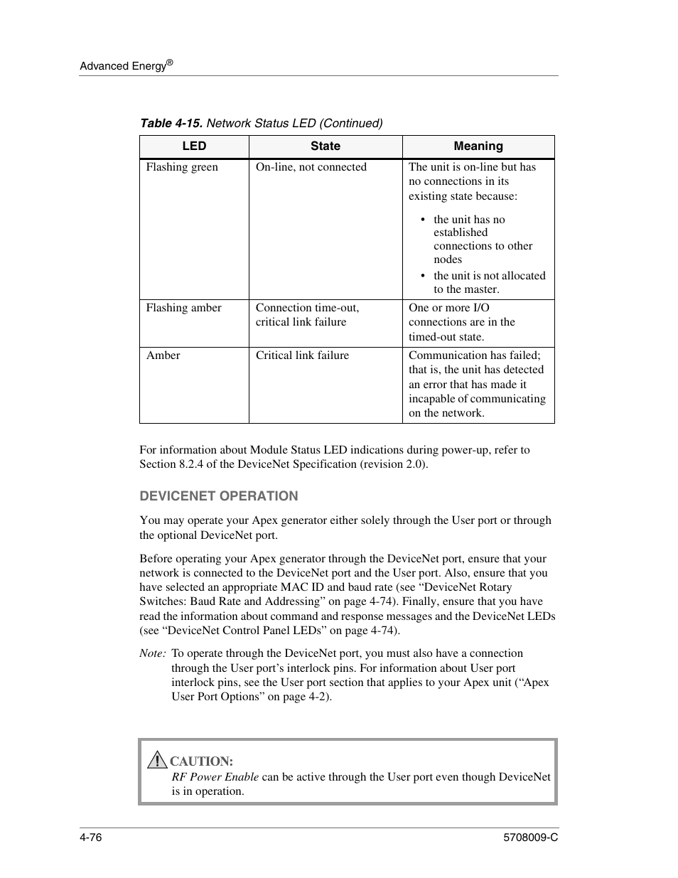 Flashing green, On-line, not connected, The unit is not allocated to the master | Flashing amber, Connection time-out, critical link failure, Amber, Critical link failure, Devicenet operation, Devicenet operation -76 | Apex Digital 5708009-C User Manual | Page 122 / 160