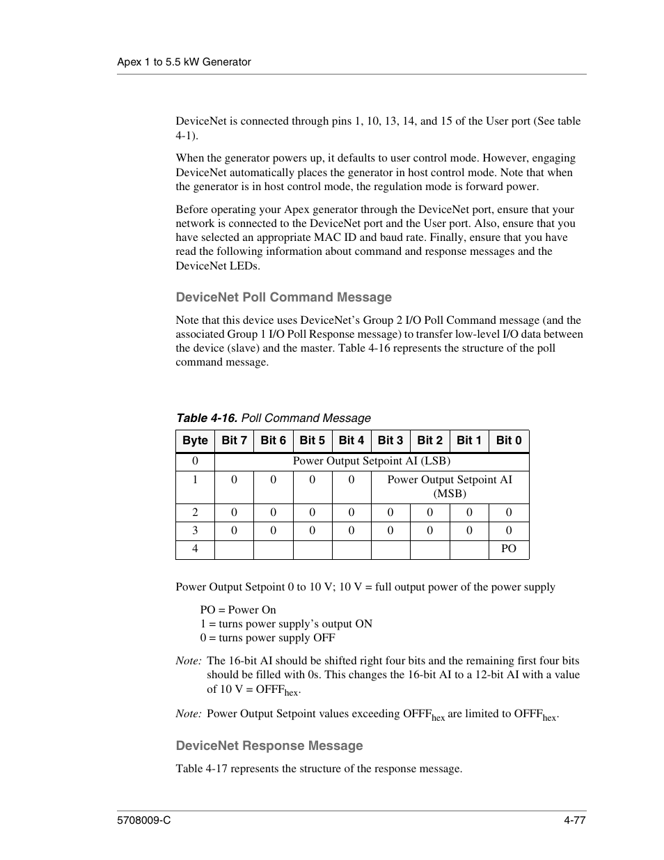 Devicenet poll command message, Table 4-16. poll command message, Power output setpoint ai (lsb) | Power output setpoint ai (msb), Devicenet response message, Poll command message -77 | Apex Digital 5708009-C User Manual | Page 123 / 160