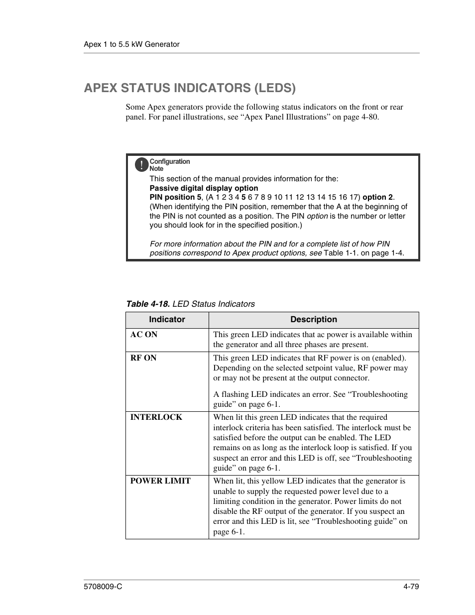 Apex status indicators (leds), Table 4-18. led status indicators, Ac on | Rf on, Interlock, Power limit, Apex status indicators (leds) -79, Led status indicators -79 | Apex Digital 5708009-C User Manual | Page 125 / 160